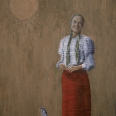 Corinne with birds and sun on copper paint